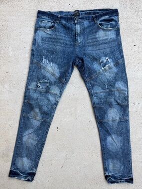 Decibel DNM Moto Biker Distressed Paint Splatter Slim Jeans Mens 42x34